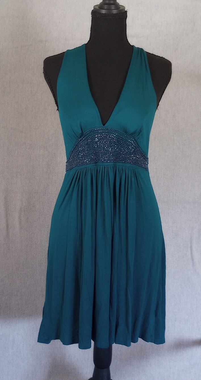 Teal Cocktail Dress Size M Sleeveless Beaded Waist Good Condition
